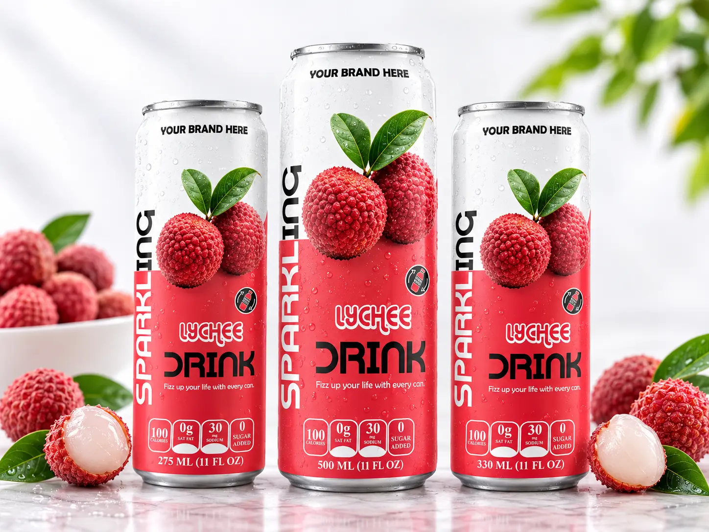 SPARKLING DRINK Lychee Flavored Drink in 275ml, 500ml, and 330ml cans.